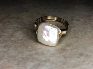 square coin pearl ring with gold wire